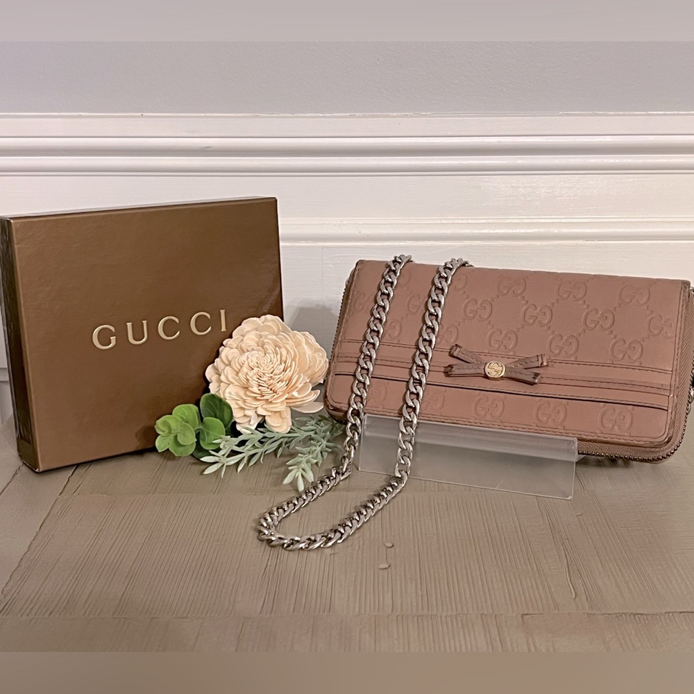 Gucci Guccissma Blush Pink Zip Around Wallet on Chain
